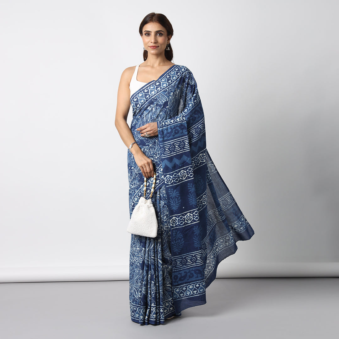 Indigo Illusion - Hand Block Print Mulmul Cotton Bagru Saree