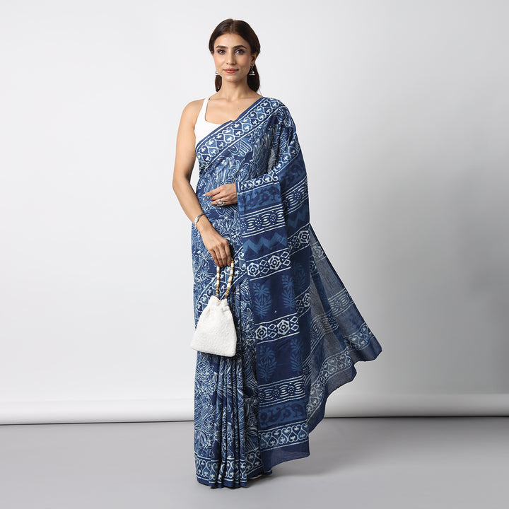 Indigo Illusion - Hand Block Print Mulmul Cotton Bagru Saree