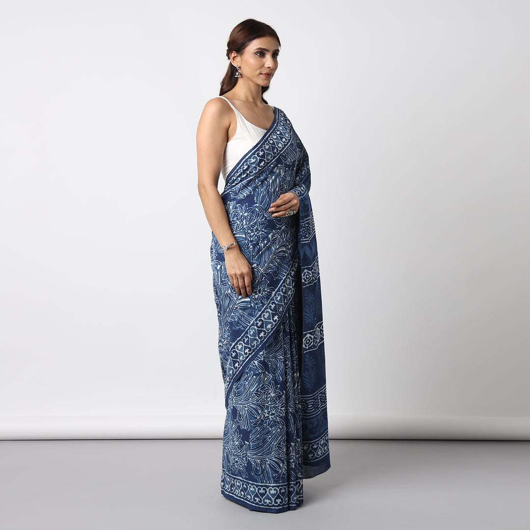Indigo Illusion - Hand Block Print Mulmul Cotton Bagru Saree
