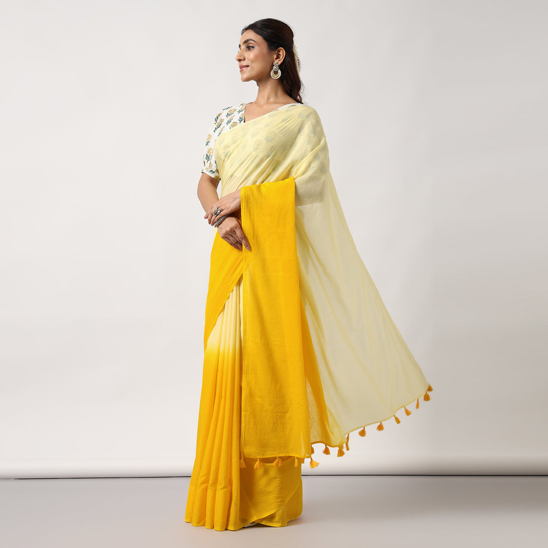 Golden Hour - Yellow Ombre Hand Dyed Mulmul Cotton Saree
