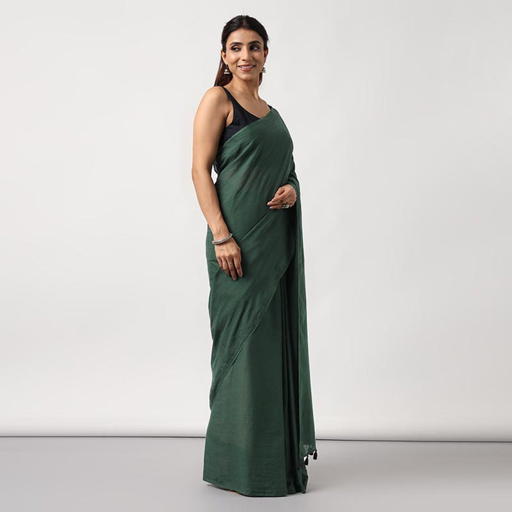 Kerala Calling - Dark Green Mulmul Cotton Saree with Tassels
