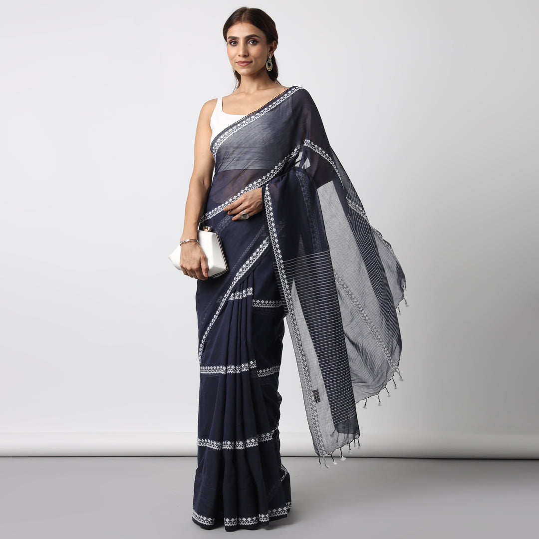 Dark Blue Handwoven Mulmul Cotton Saree