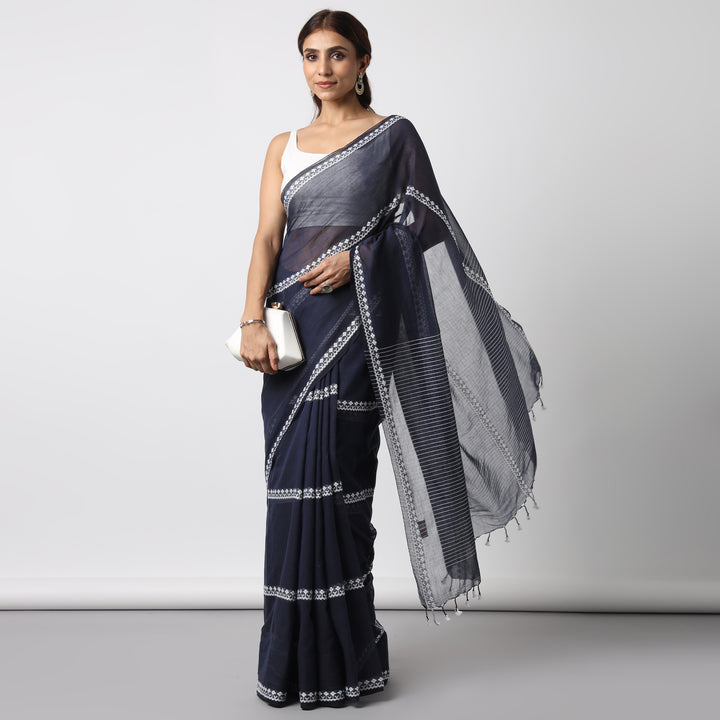Dark Blue Handwoven Mulmul Cotton Saree