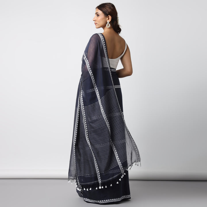 Dark Blue Handwoven Mulmul Cotton Saree