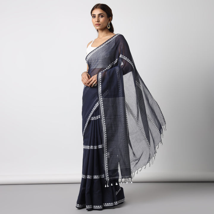 Dark Blue Handwoven Mulmul Cotton Saree