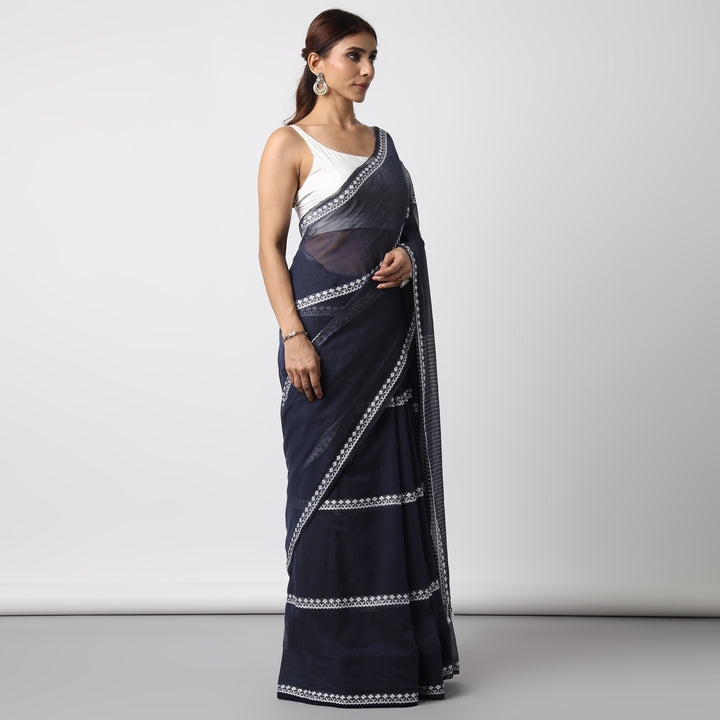 Dark Blue Handwoven Mulmul Cotton Saree