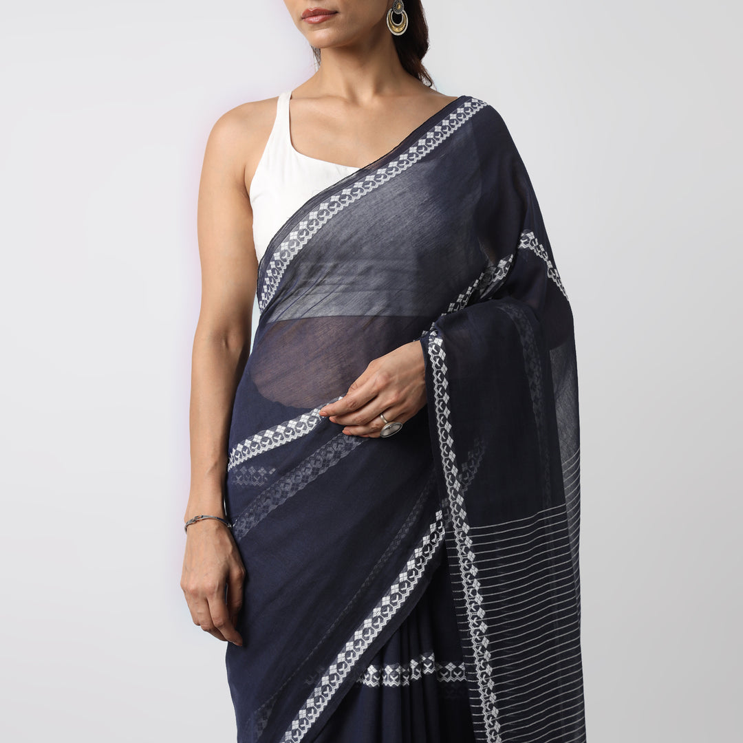 Dark Blue Handwoven Mulmul Cotton Saree
