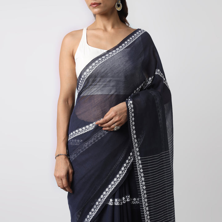 Dark Blue Handwoven Mulmul Cotton Saree