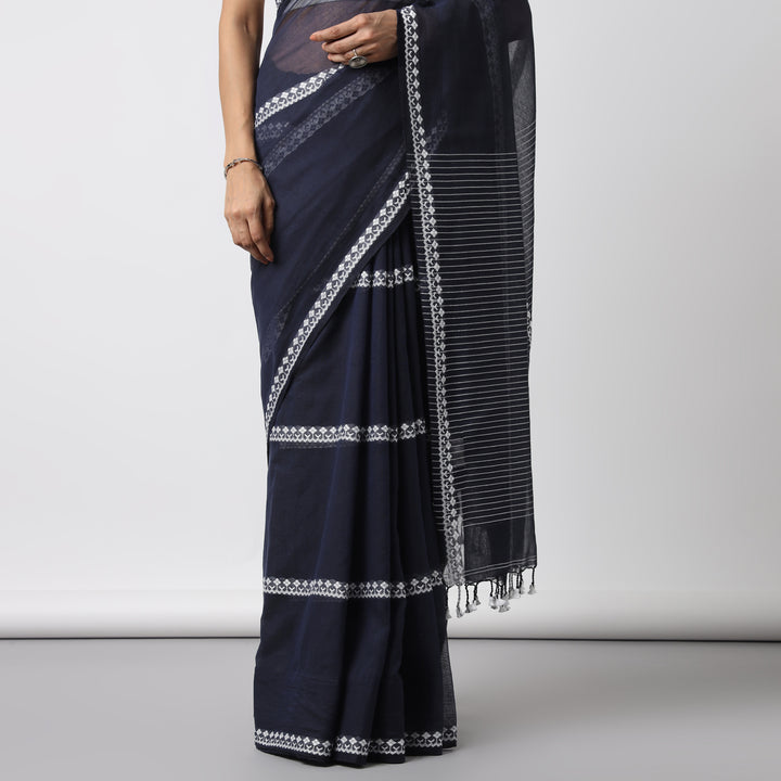 Dark Blue Handwoven Mulmul Cotton Saree