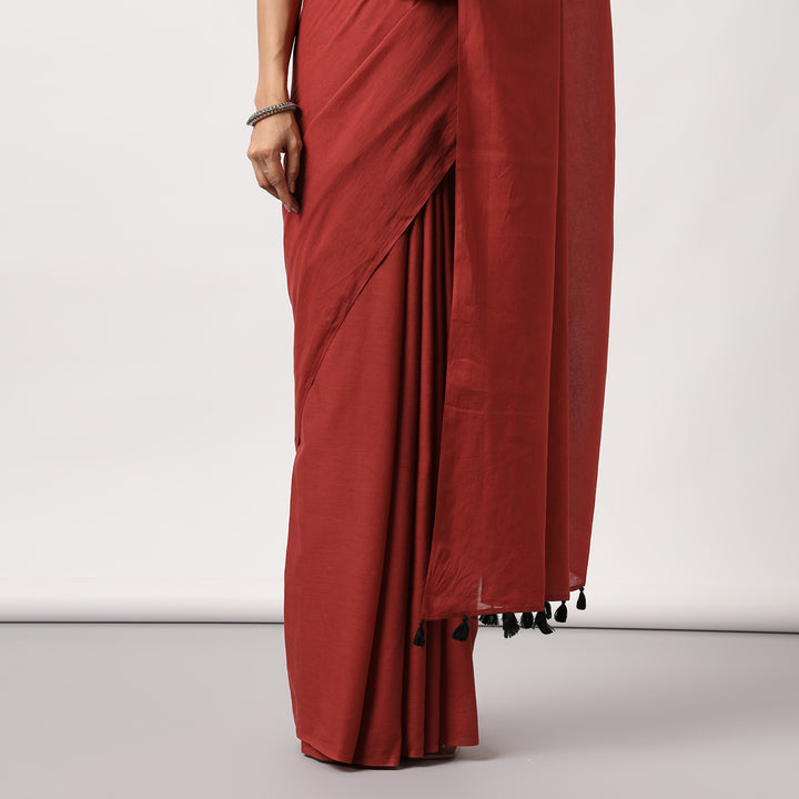 Midnight Rose - Dark Red Mulmul Cotton Saree with Tassels