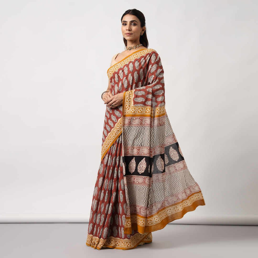 Princess in Red - Dabu Hand Block Print Mulmul Cotton Bagru Saree