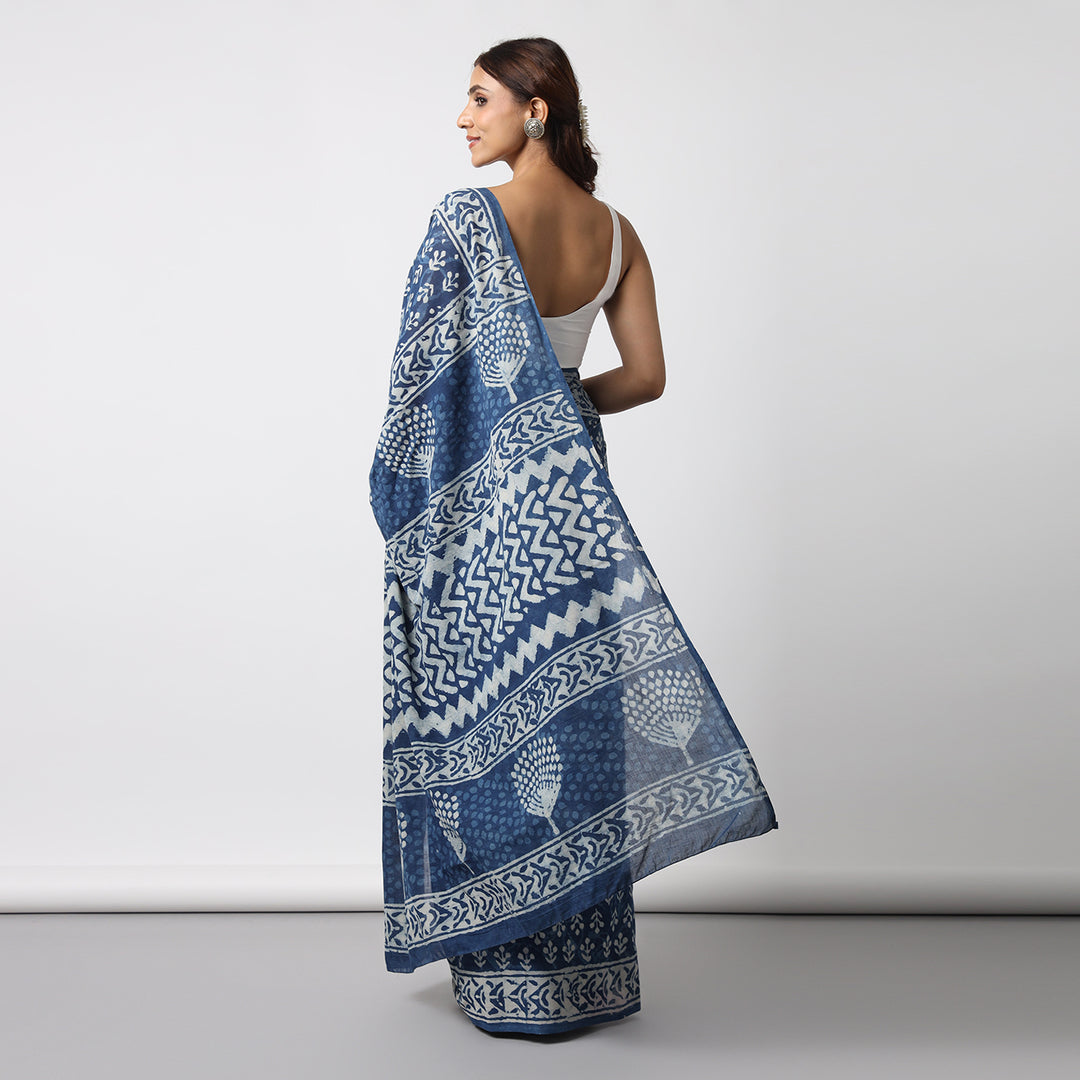 Indigo Bloom - Dabu Hand Block Print Mulmul Cotton Bagru Saree