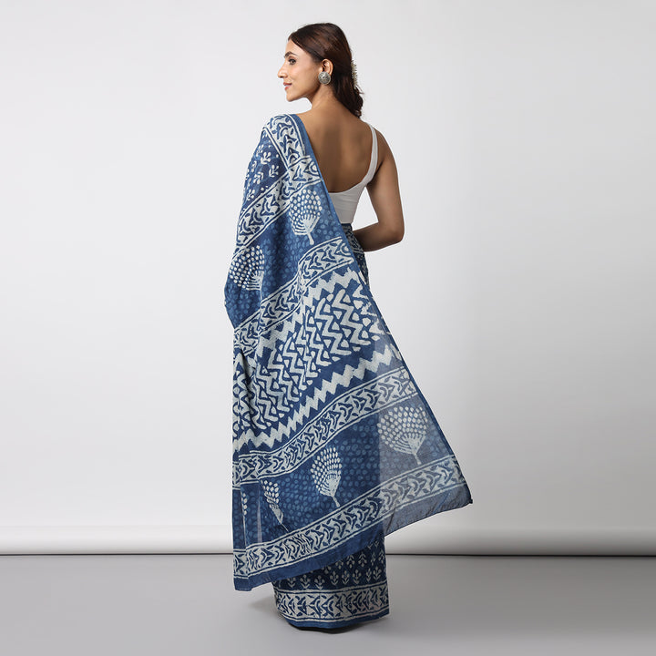 Indigo Bloom - Dabu Hand Block Print Mulmul Cotton Bagru Saree