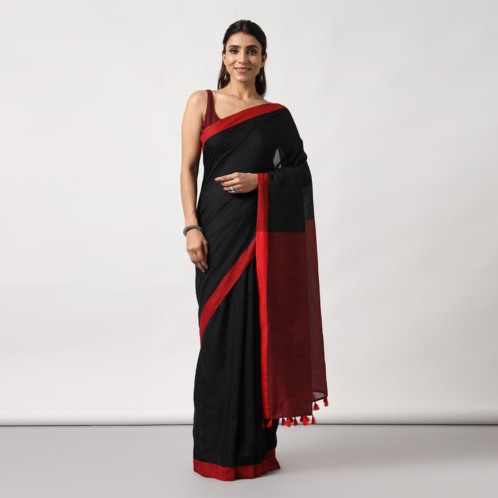 Black Colorblocked Mulmul Cotton Pre-stitched Ready to Wear Saree with Pocket
