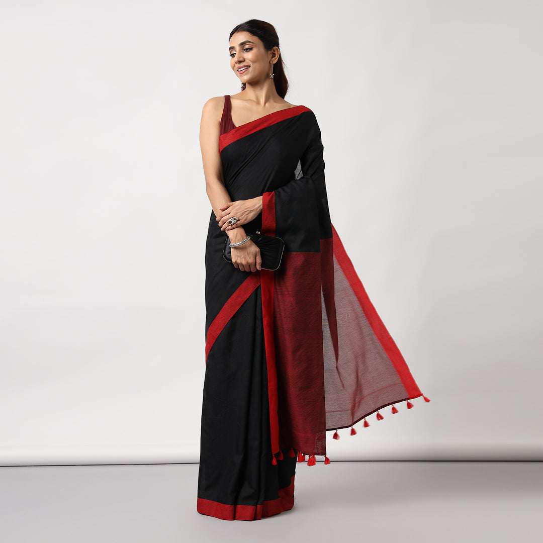 Black Colorblocked Mulmul Cotton Pre-stitched Ready to Wear Saree with Pocket