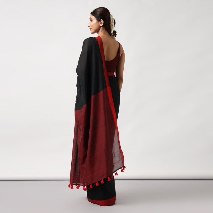 Black Colorblocked Mulmul Cotton Pre-stitched Ready to Wear Saree with Pocket