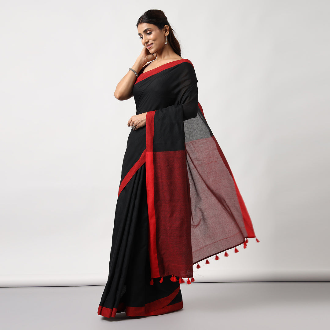 Black Colorblocked Mulmul Cotton Pre-stitched Ready to Wear Saree with Pocket