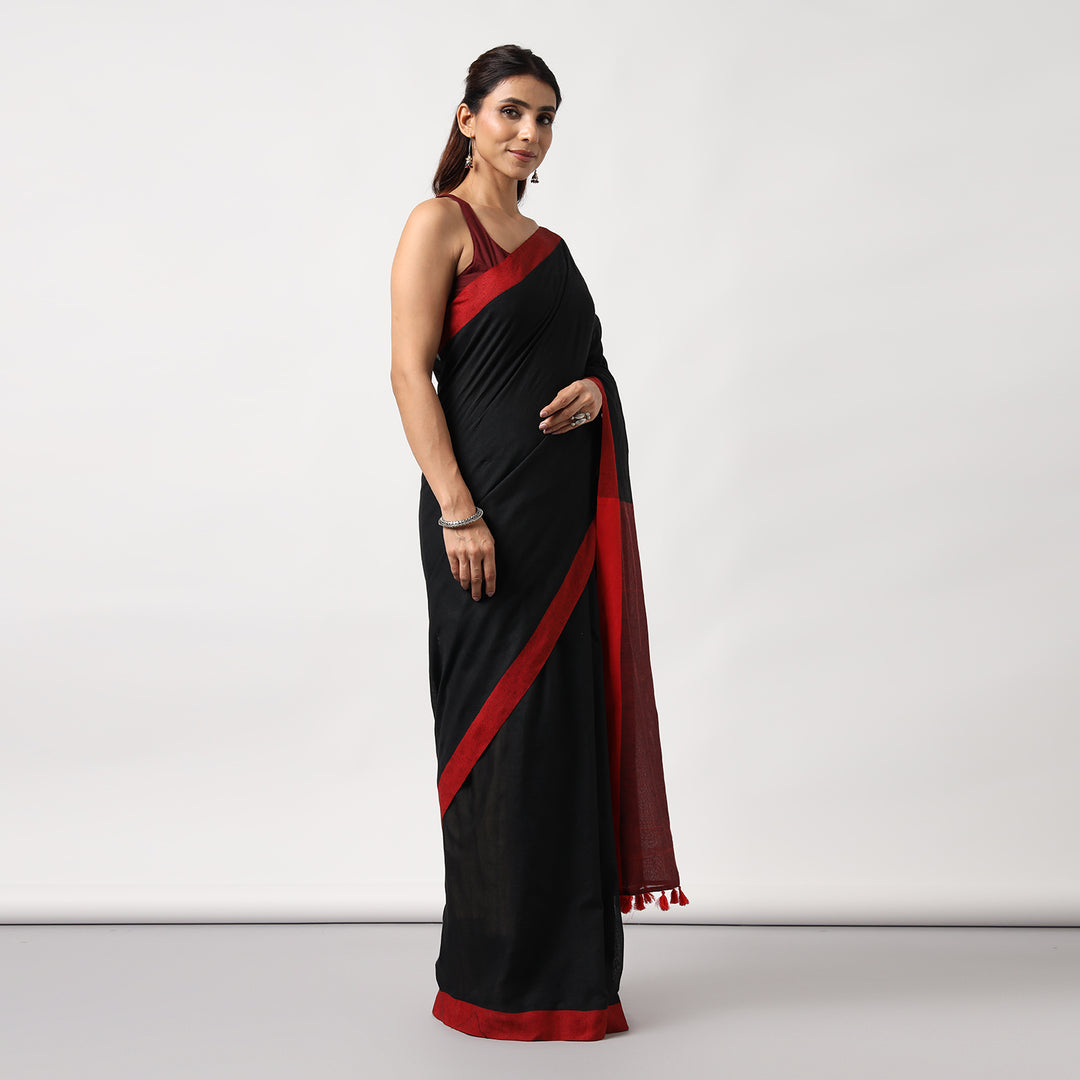 Black Colorblocked Mulmul Cotton Pre-stitched Ready to Wear Saree with Pocket