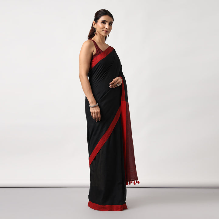 Black Colorblocked Mulmul Cotton Pre-stitched Ready to Wear Saree with Pocket