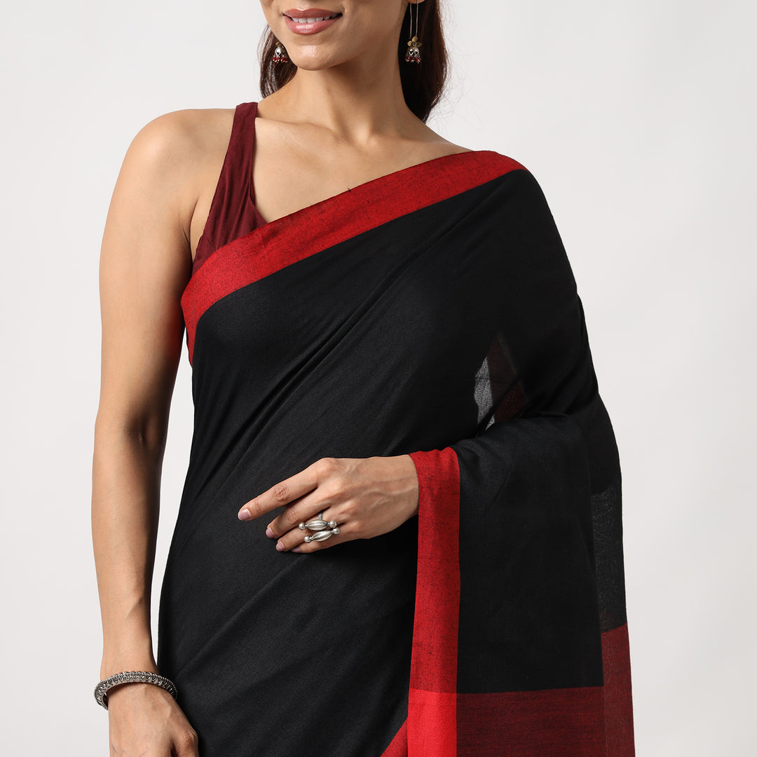 Black Colorblocked Mulmul Cotton Pre-stitched Ready to Wear Saree with Pocket