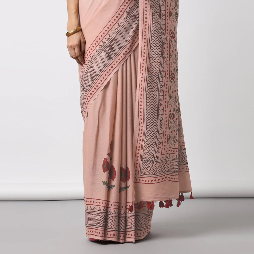 Old rose - Mulmul Cotton Pre-stitched Ready to Wear Saree with Pocket