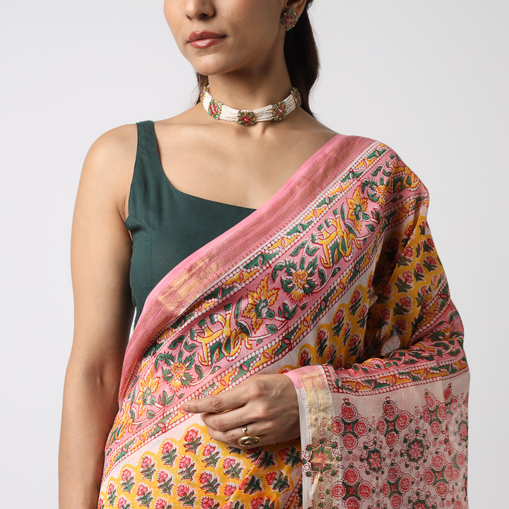 Poppy Garden - Hand Block Print Maheshwari Silk Saree