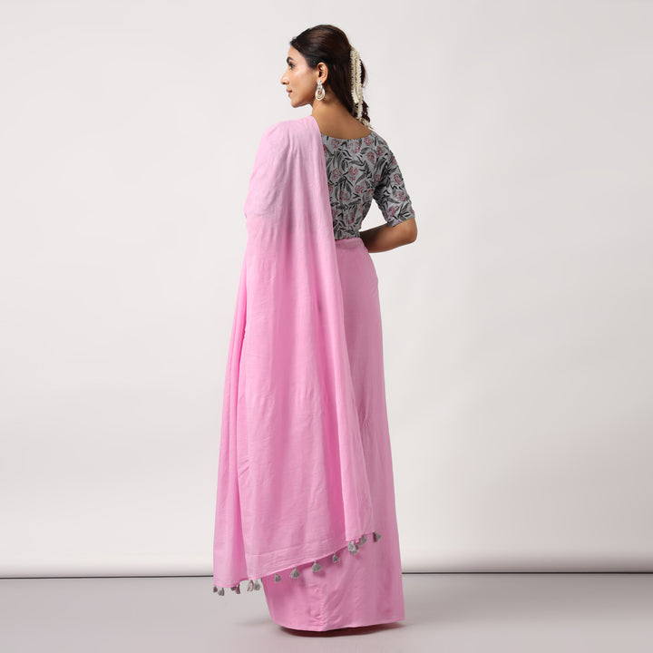 Candyfloss Pink - Mulmul Cotton Saree with Tassels
