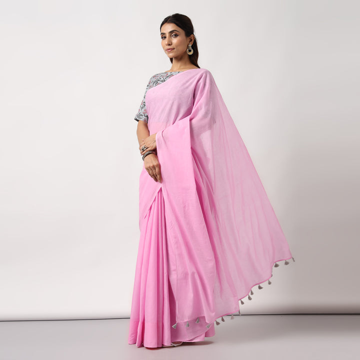 Candyfloss Pink - Mulmul Cotton Saree with Tassels