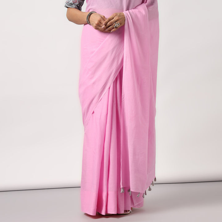 Candyfloss Pink - Mulmul Cotton Saree with Tassels