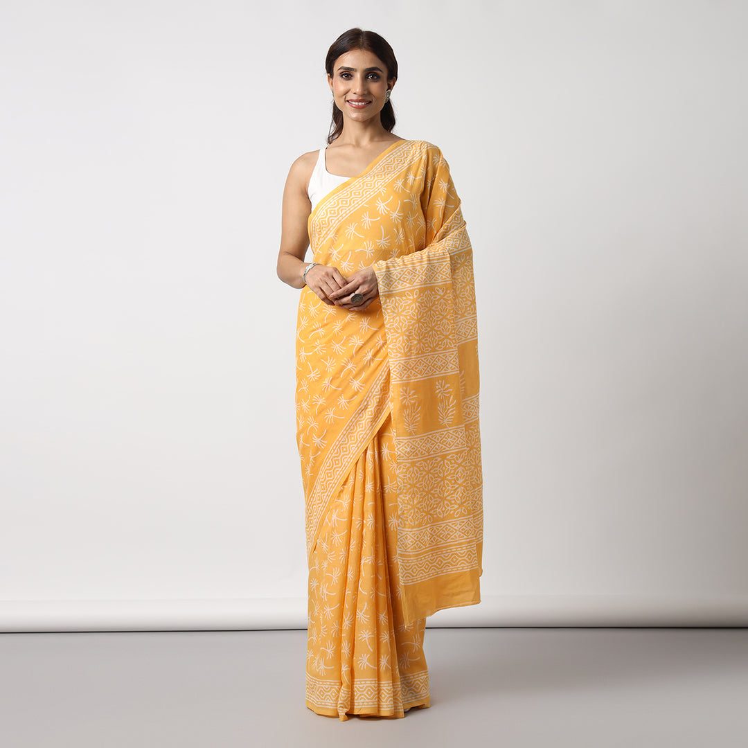 Dandelions in the Sky - Yellow Hand Block Print Mulmul Cotton Bagru Saree
