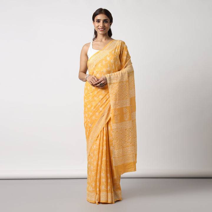 Dandelions in the Sky - Yellow Hand Block Print Mulmul Cotton Bagru Saree