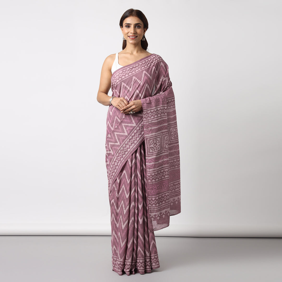 Berry Pink - Dabu Hand Block Print Mulmul Cotton Bagru Saree