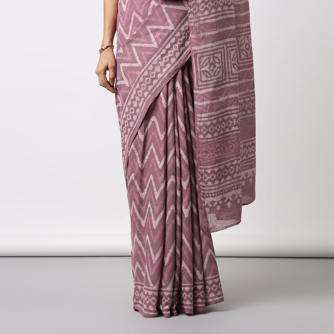 Berry Pink - Dabu Hand Block Print Mulmul Cotton Bagru Saree