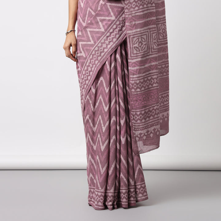 Berry Pink - Dabu Hand Block Print Mulmul Cotton Bagru Saree