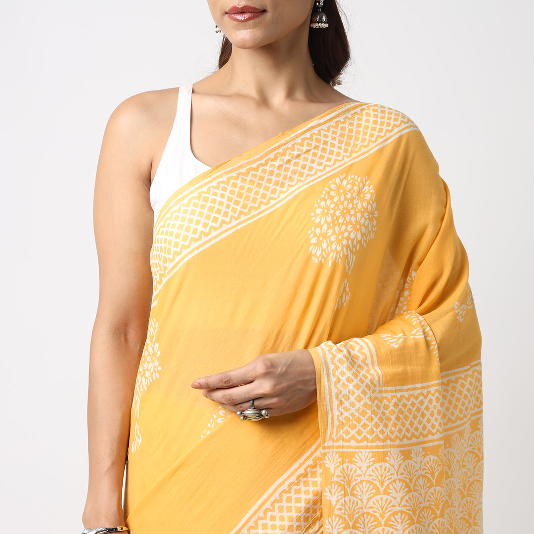 Haldi Yellow - Hand Block Print Mulmul Cotton Bagru Saree