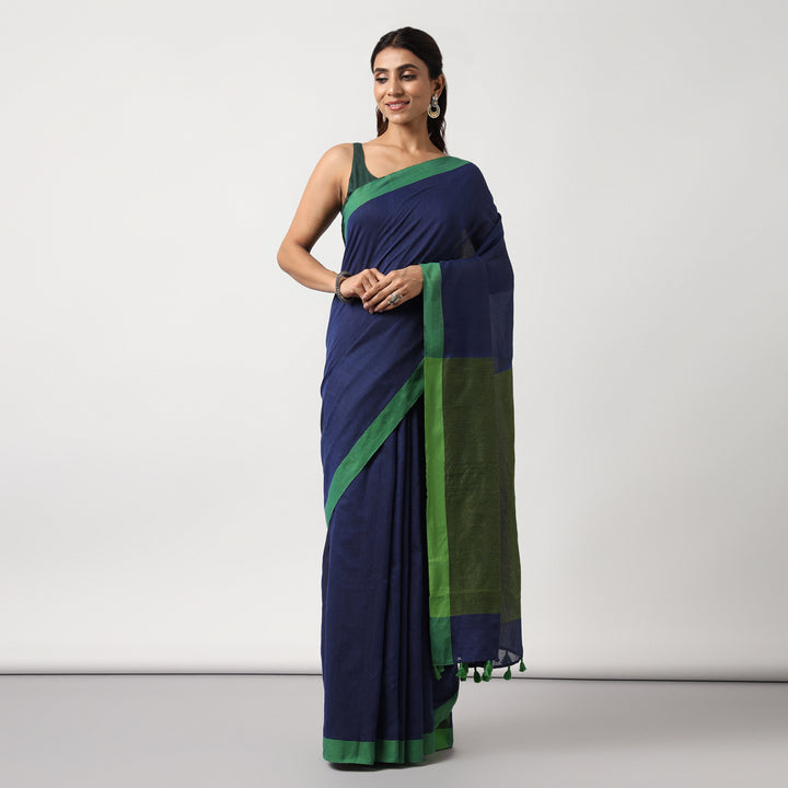 Blue Colorblocked Mulmul Cotton Pre-stitched Ready to Wear Saree with Pocket
