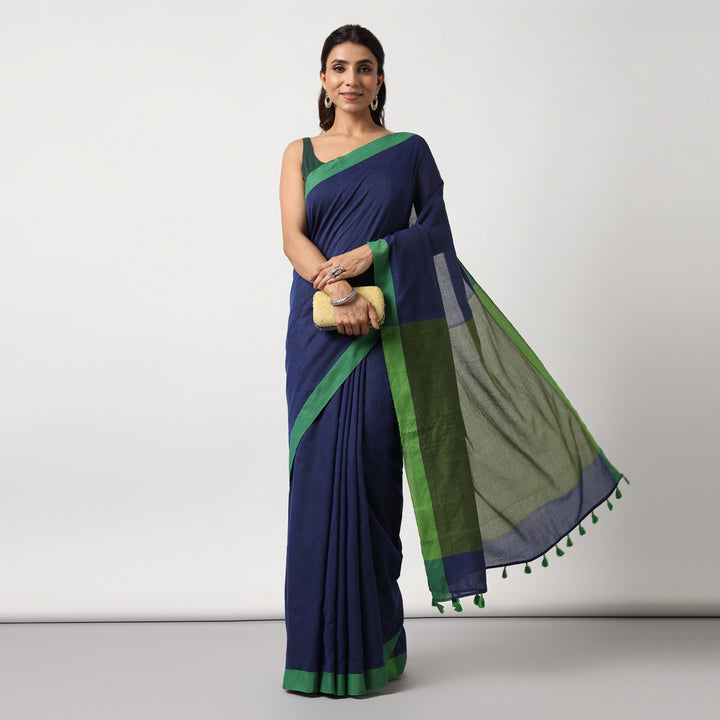 Blue Colorblocked Mulmul Cotton Pre-stitched Ready to Wear Saree with Pocket