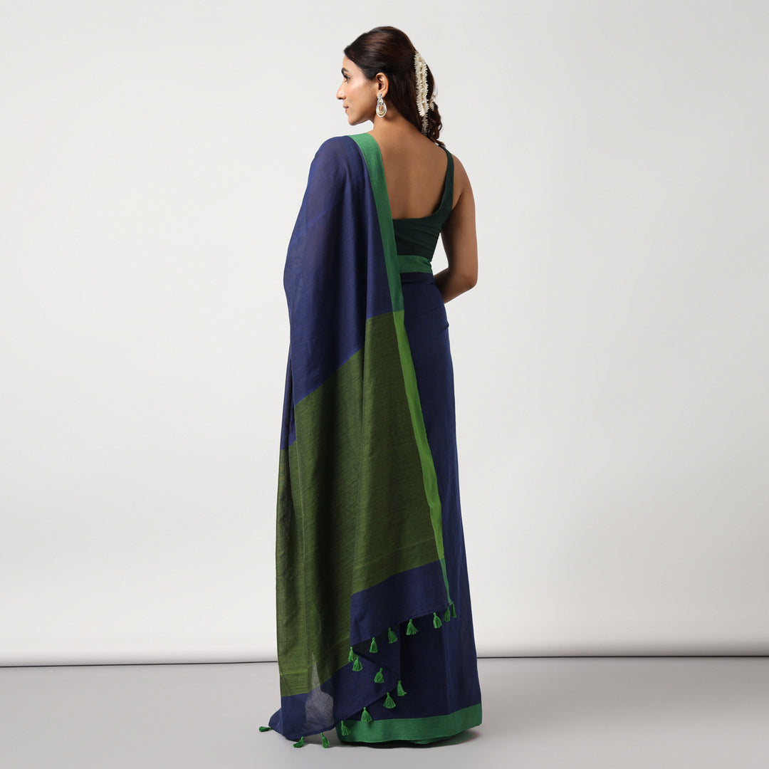 Blue Colorblocked Mulmul Cotton Pre-stitched Ready to Wear Saree with Pocket