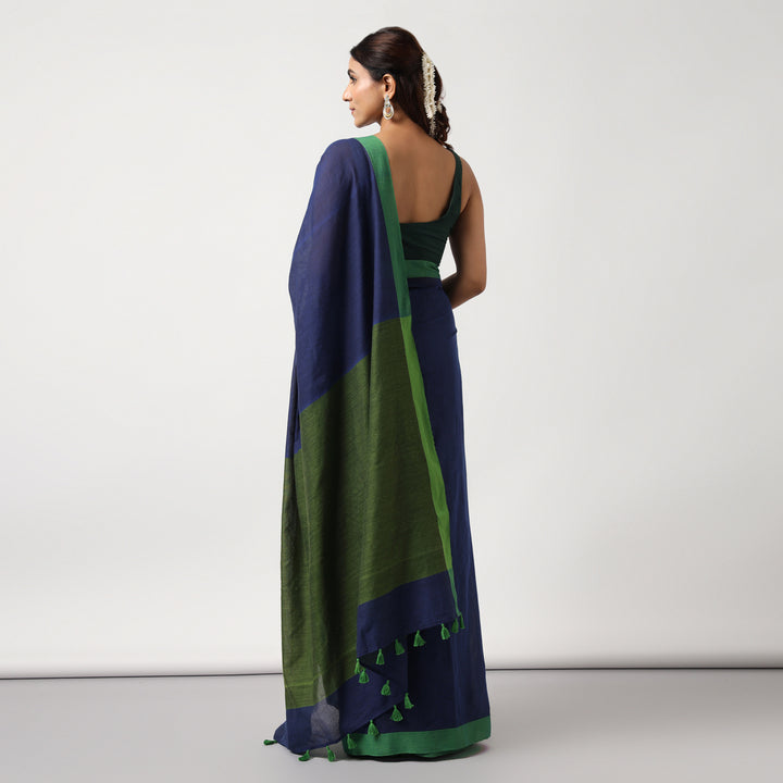 Blue Colorblocked Mulmul Cotton Pre-stitched Ready to Wear Saree with Pocket