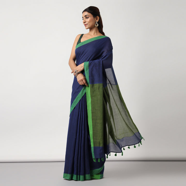 Blue Colorblocked Mulmul Cotton Pre-stitched Ready to Wear Saree with Pocket