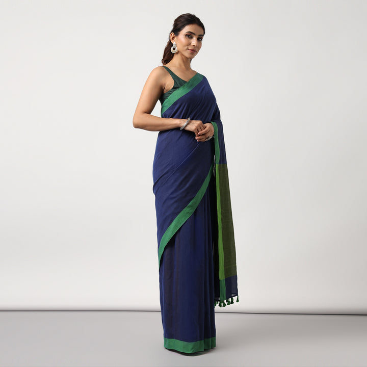 Blue Colorblocked Mulmul Cotton Pre-stitched Ready to Wear Saree with Pocket