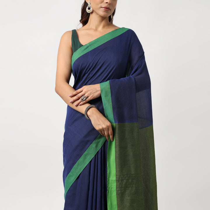 Blue Colorblocked Mulmul Cotton Pre-stitched Ready to Wear Saree with Pocket