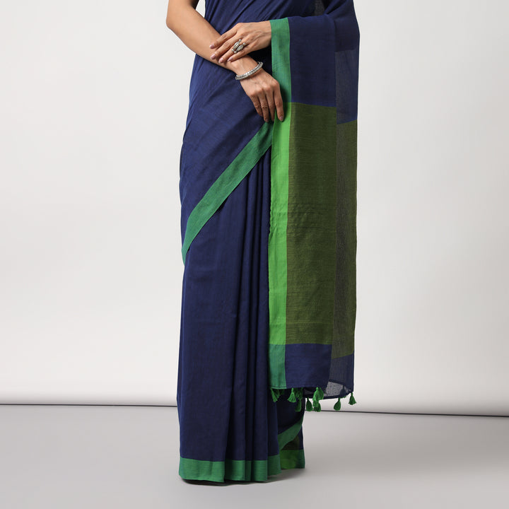 Blue Colorblocked Mulmul Cotton Pre-stitched Ready to Wear Saree with Pocket