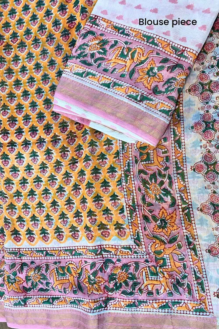 Poppy Garden - Hand Block Print Maheshwari Silk Saree