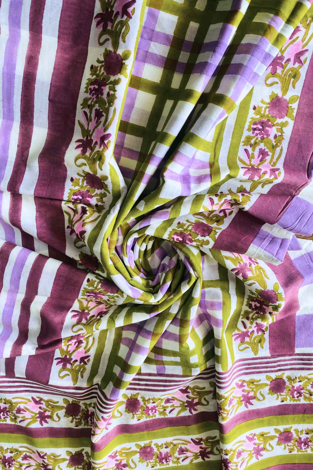 Wildflower Stripes Hand Block Print Mulmul Cotton Saree