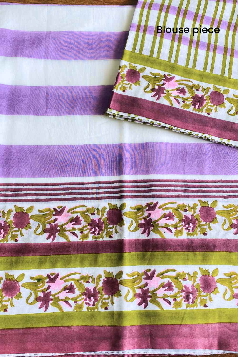 Wildflower Stripes Hand Block Print Mulmul Cotton Saree