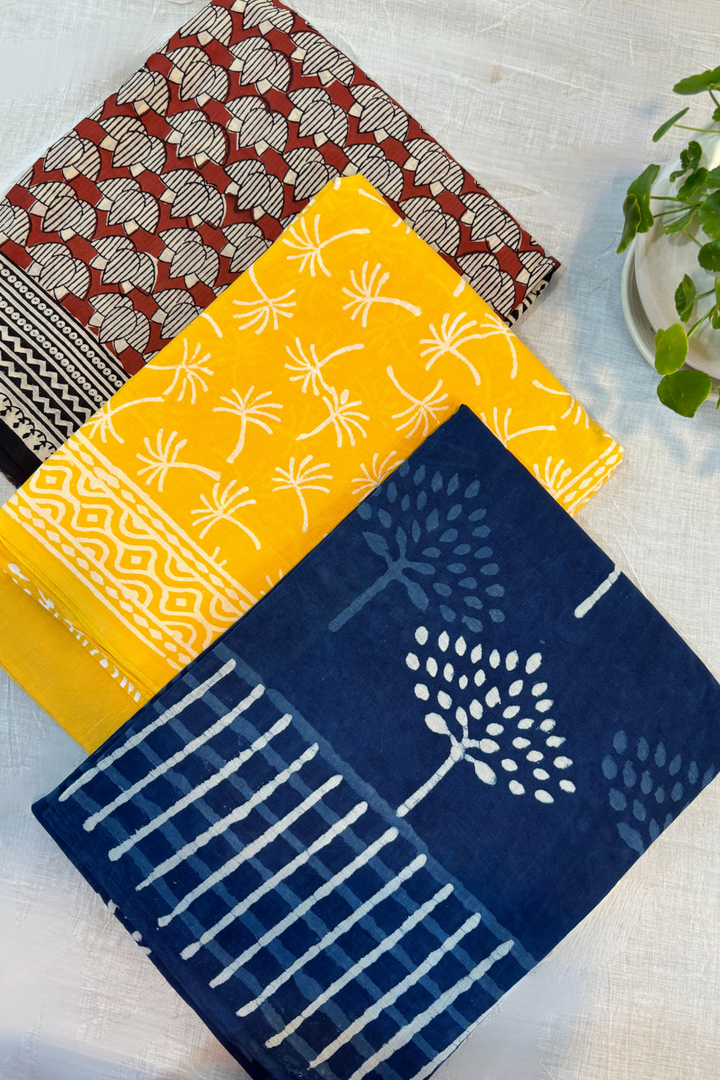 Bagru Blooms Power Trio- Mulmul Cotton Saree Combo (Pack of 3)