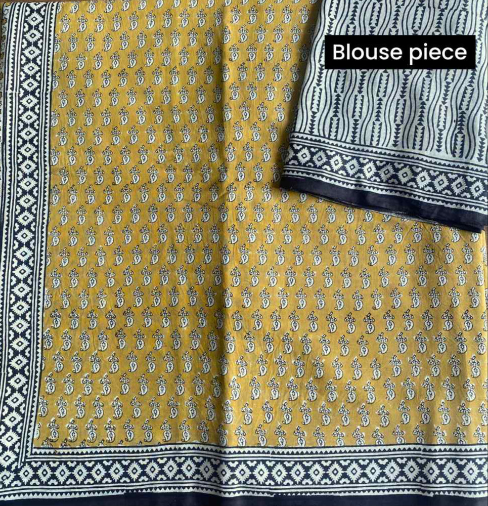 Natural Mustard Hand Block Print Mulmul Cotton Pre-stitched Ready to Wear Saree with Pocket