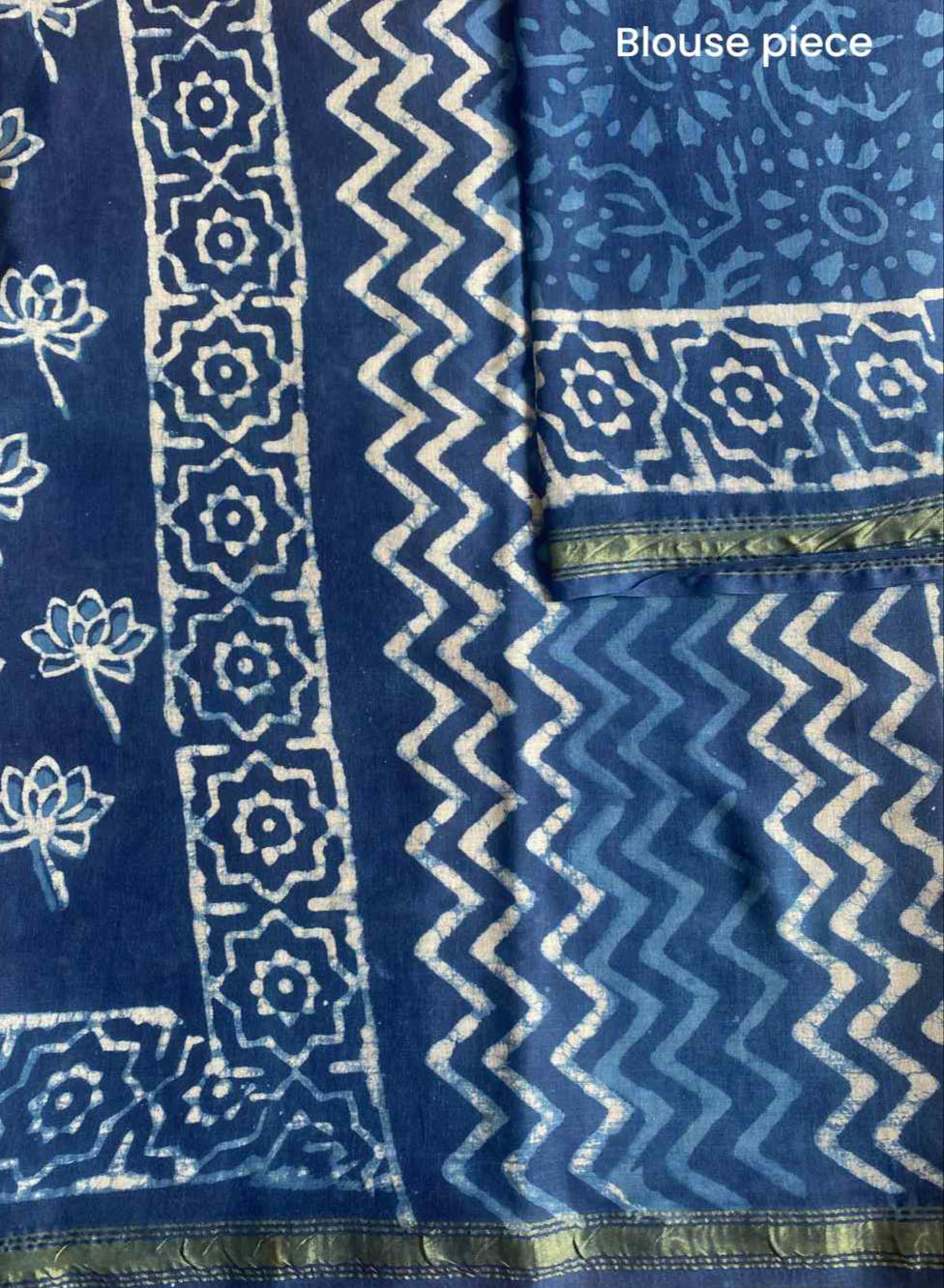 Indigo Petals Hand Block Print Mulmul Cotton Pre-stitched Ready to Wear Saree with Pocket