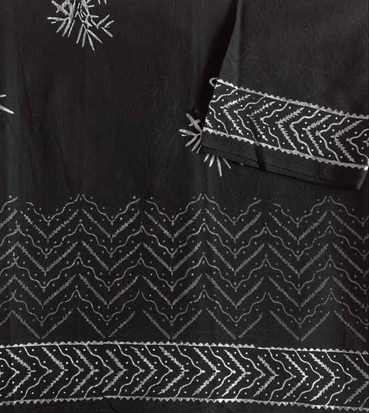Bold Black Hand Block Print Mulmul Cotton Pre-stitched Ready to Wear Saree with Pocket